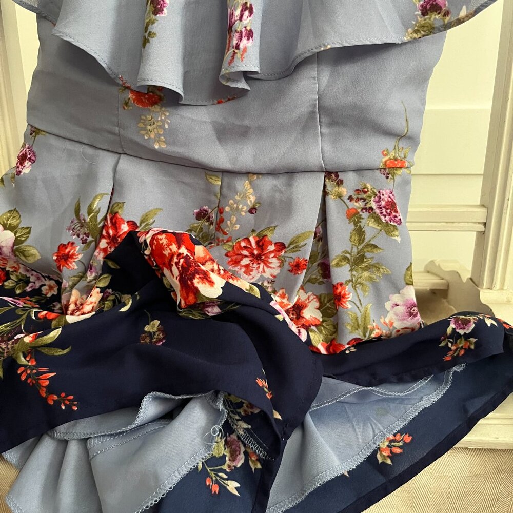 EUC TRIXXI floral romper (M) in sky / navy blue / red tones allover